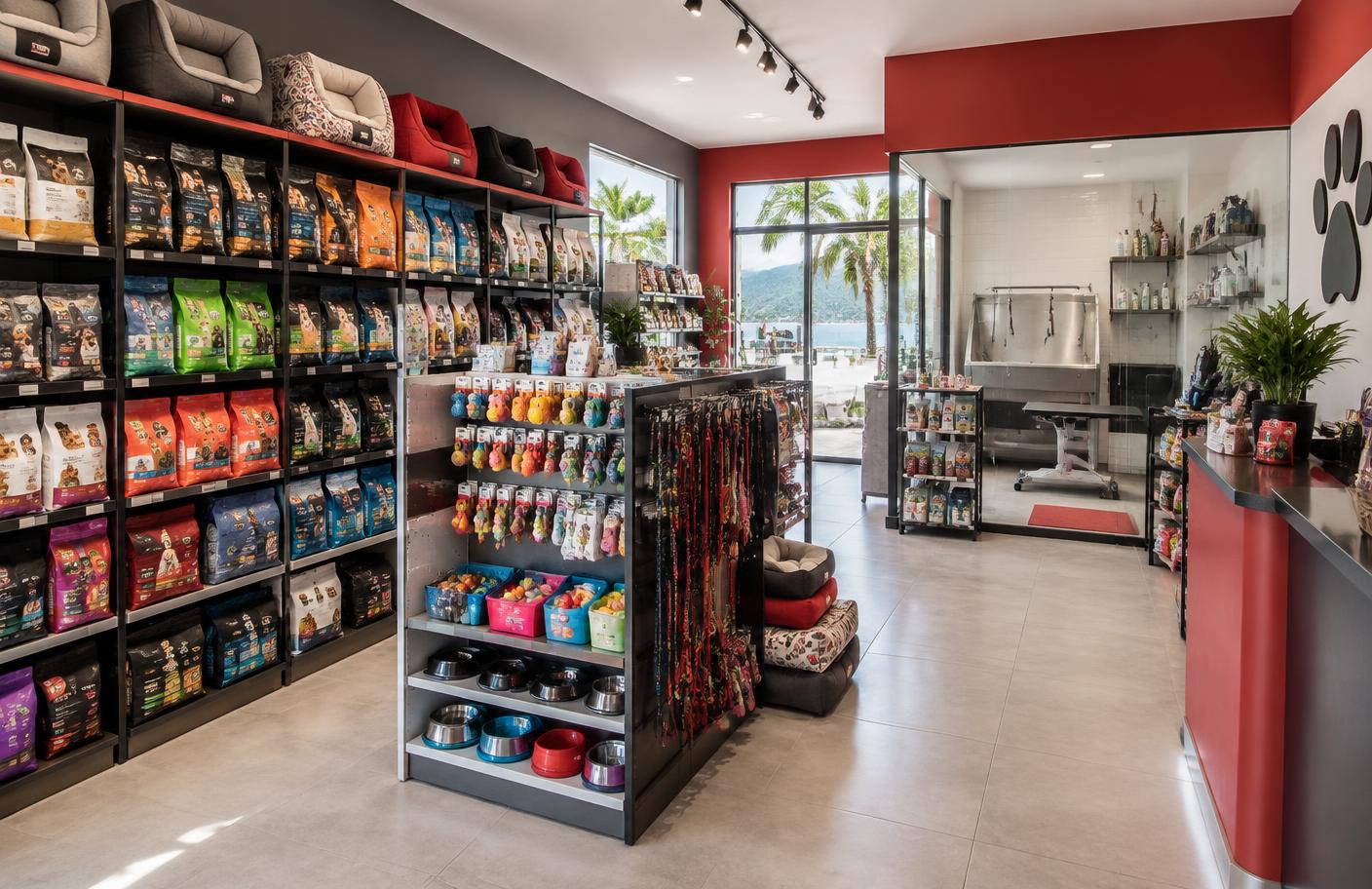 Interior aconchegante da Pet Stop Ubatuba com prateleiras de madeira e produtos
